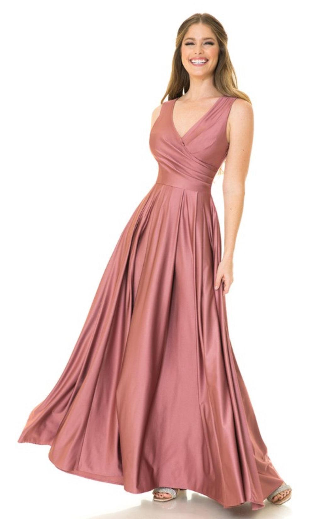 Wrap Top Pleated Flare Shiny Pocketed Formal Dress