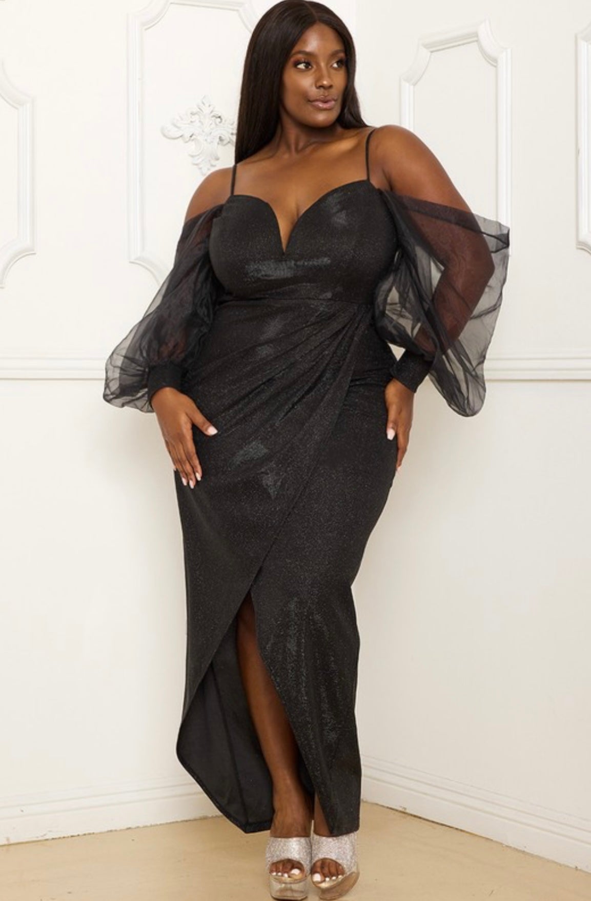 GLITTERED MESH SLEEVE PLUS SIZE MAXI DRESS