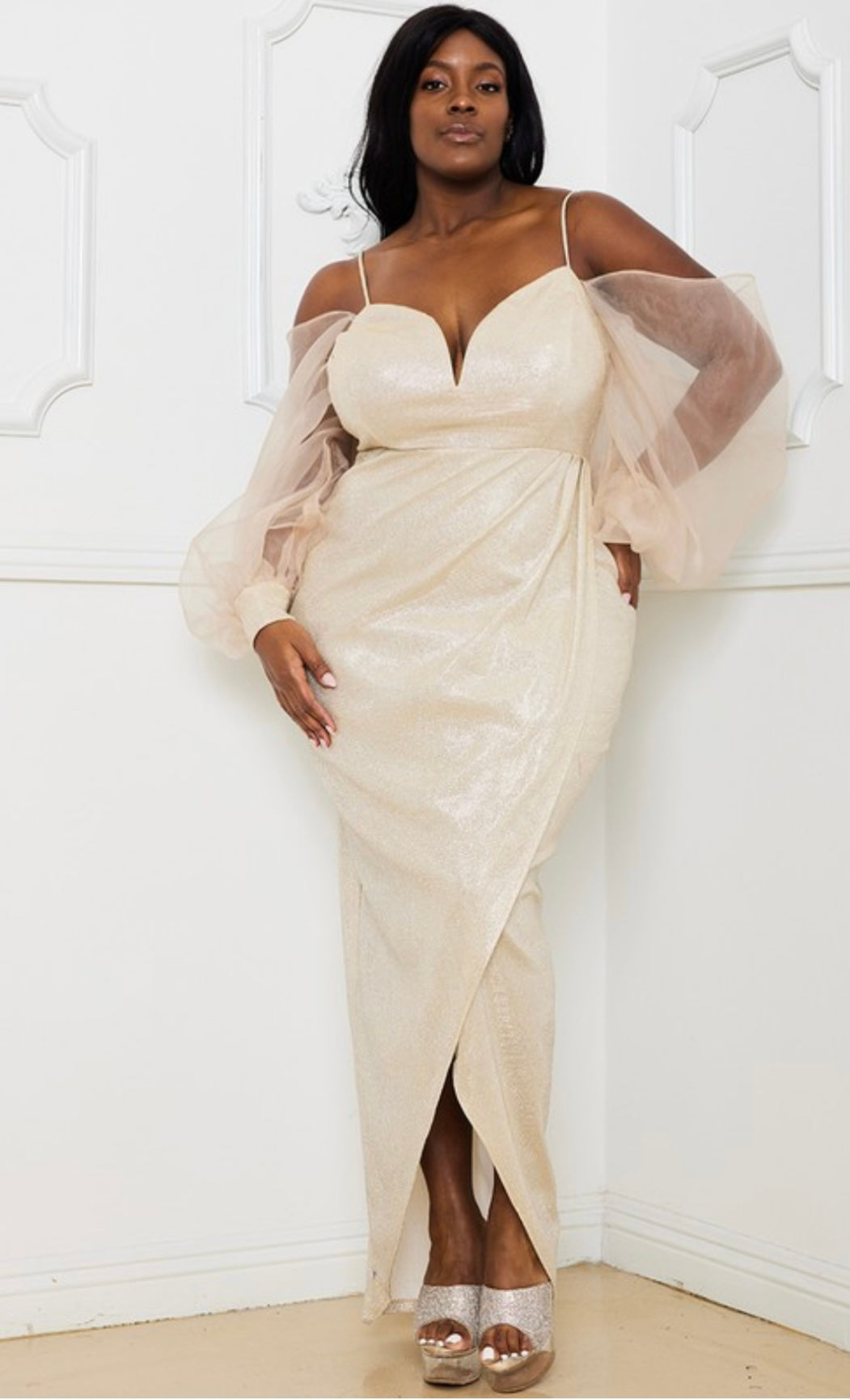 GLITTERED MESH SLEEVE PLUS SIZE MAXI DRESS