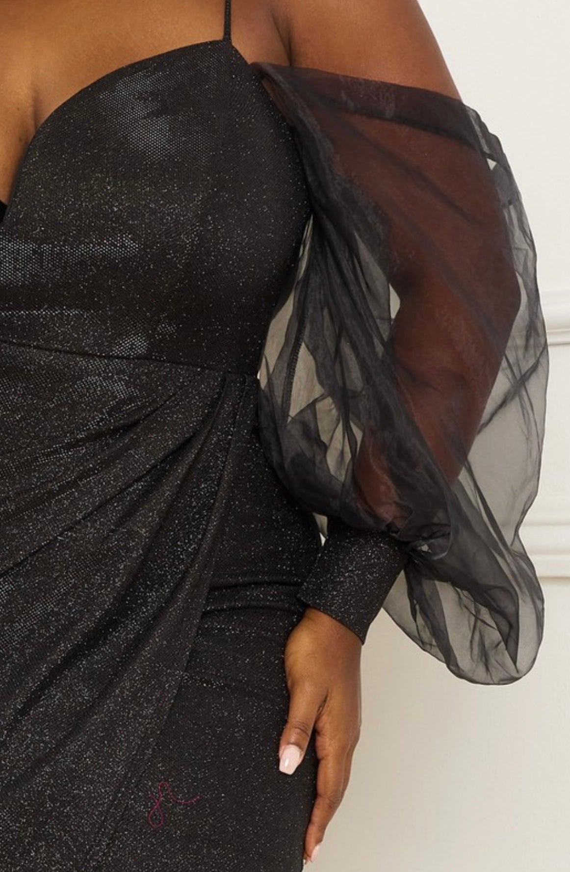 GLITTERED MESH SLEEVE PLUS SIZE MAXI DRESS