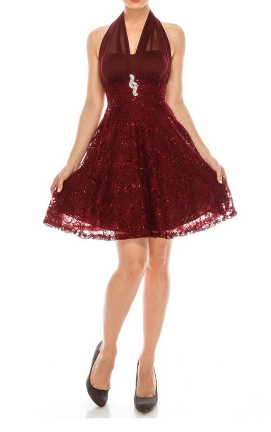 Halter Top Sequin Lace Fit and Flare Party Dress