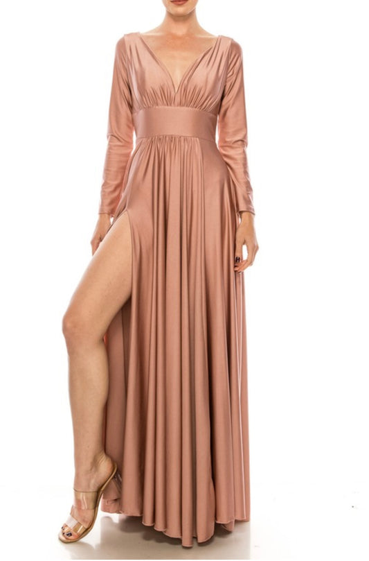 Long Sleeve Shiny Bridesmaid Stretchy Maxi Dress