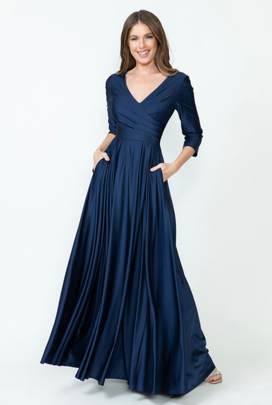 3/4 Sleeve Wrap Pleated Flare Pockets Formal Dress