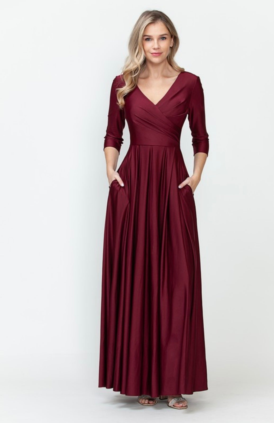 3/4 Sleeve Wrap Pleated Flare Pockets Formal Dress