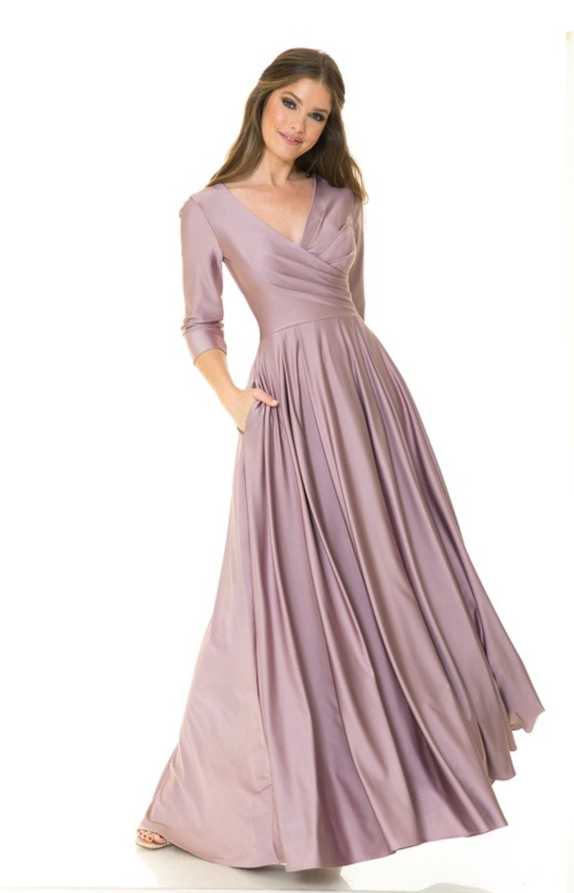 3/4 Sleeve Wrap Pleated Flare Pockets Formal Dress