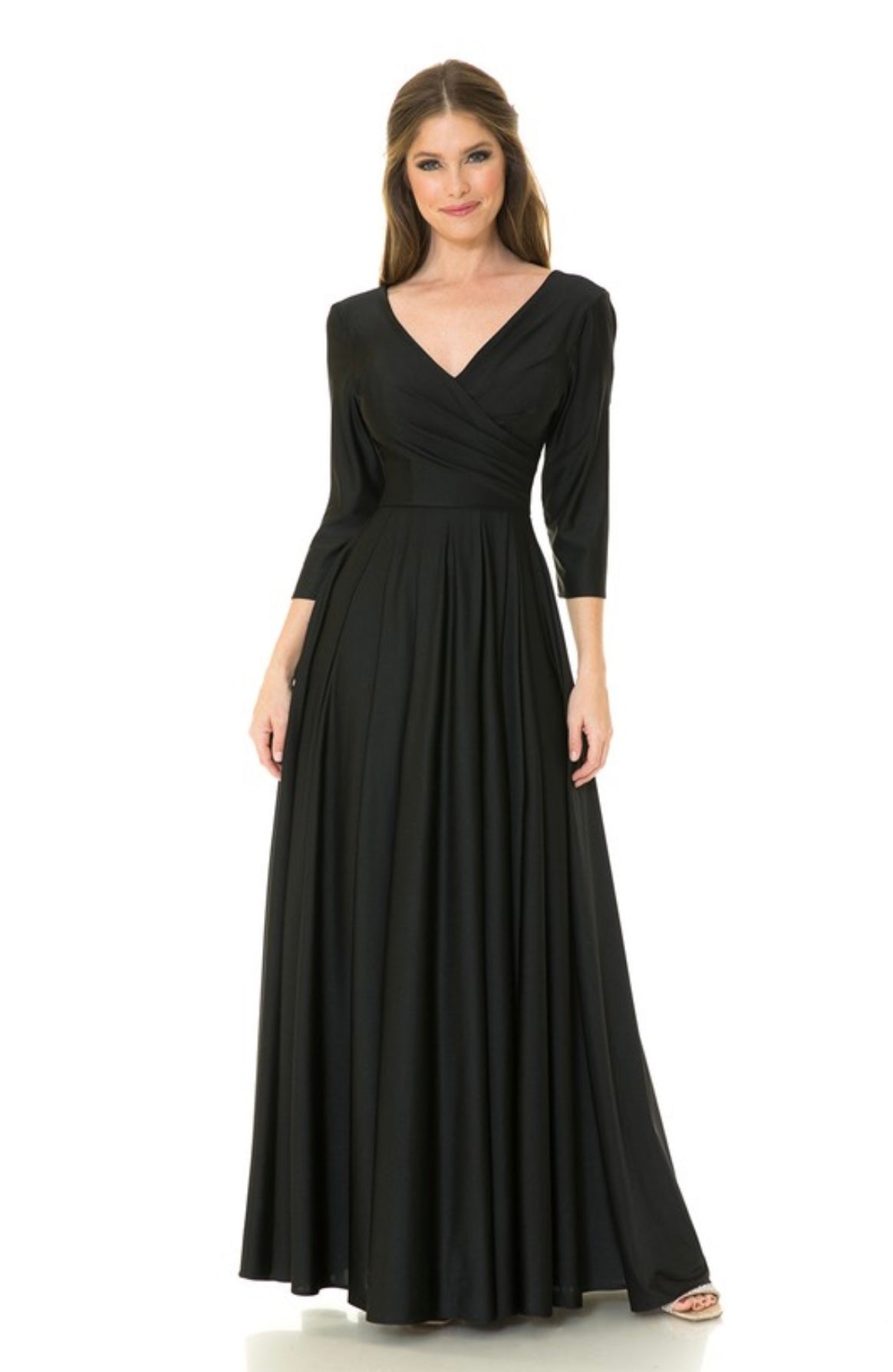 3/4 Sleeve Wrap Pleated Flare Pockets Formal Dress