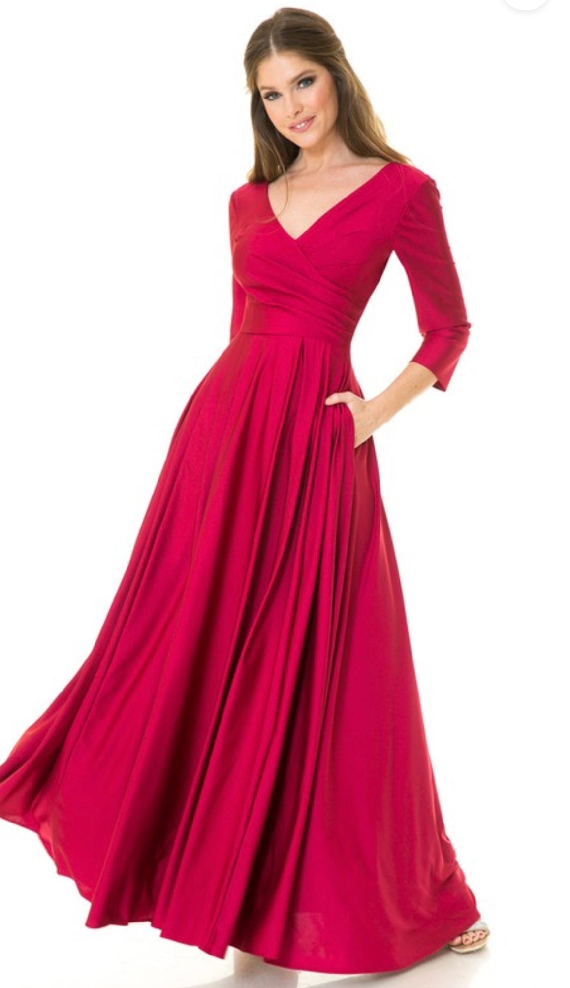 3/4 Sleeve Wrap Pleated Flare Pockets Formal Dress