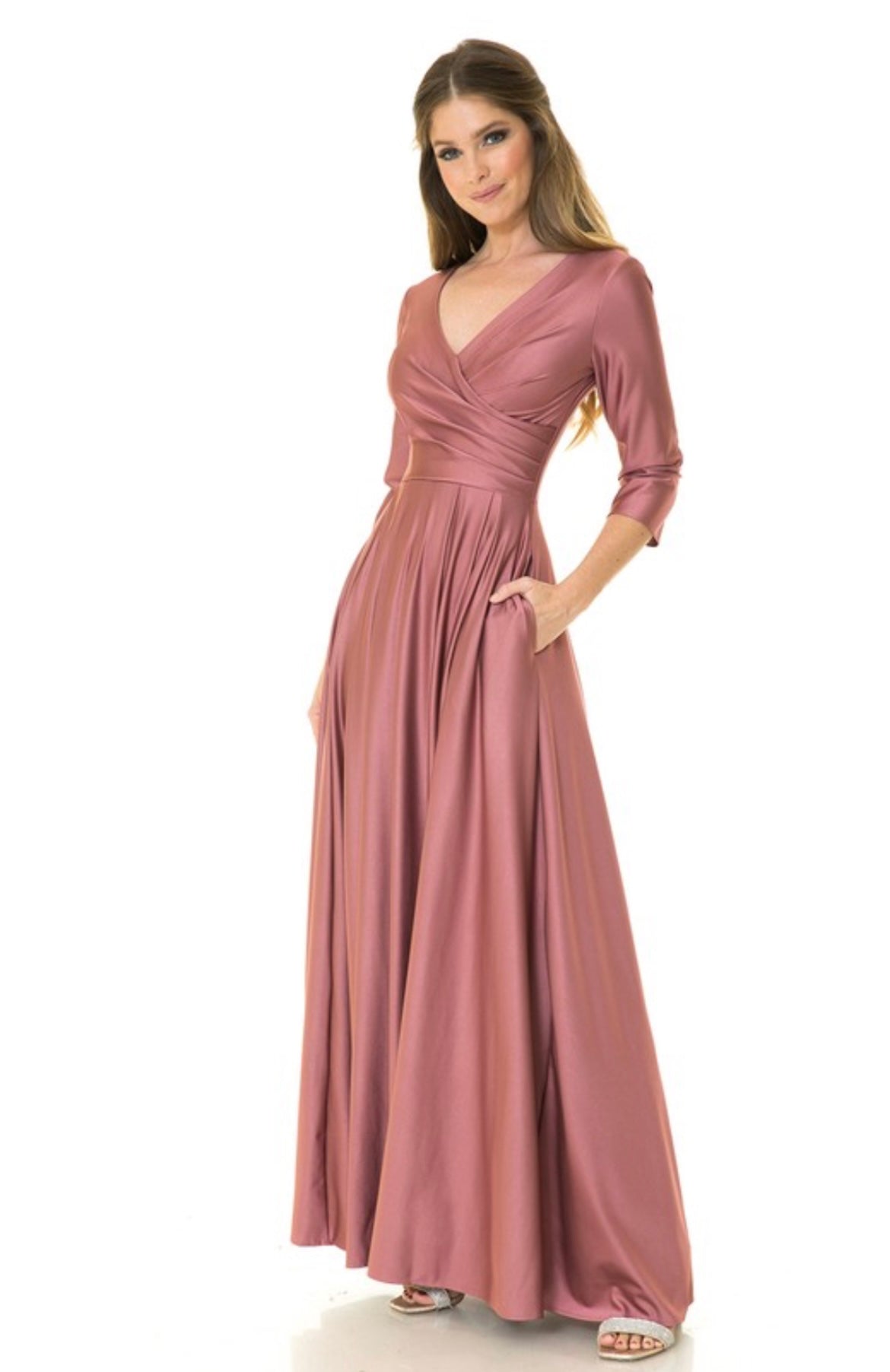 3/4 Sleeve Wrap Pleated Flare Pockets Formal Dress