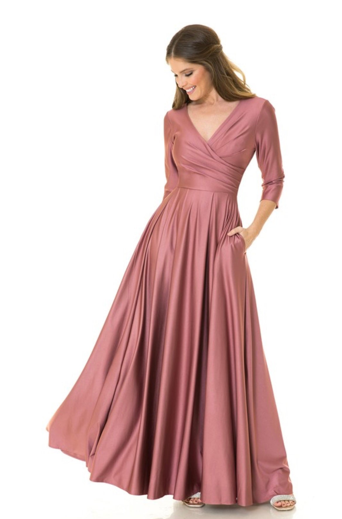 3/4 Sleeve Wrap Pleated Flare Pockets Formal Dress