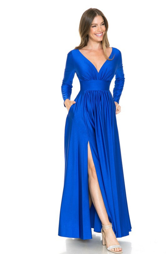 Long Sleeve Ruched Top Shiny Pocketed Formal Dress