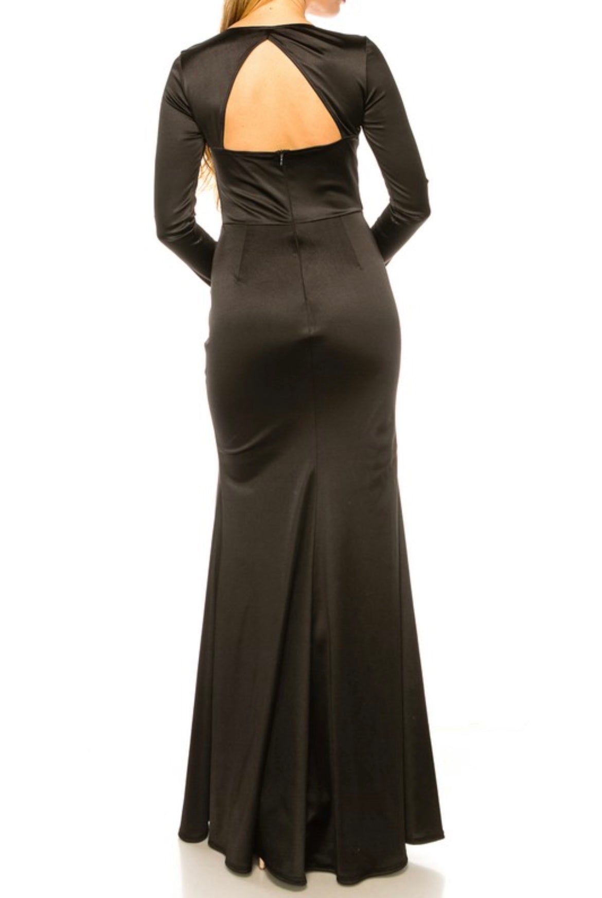 Long Sleeve Shiny Satin Open Back Maxi Dress