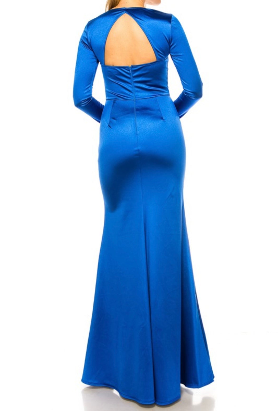 Long Sleeve Shiny Satin Open Back Maxi Dress