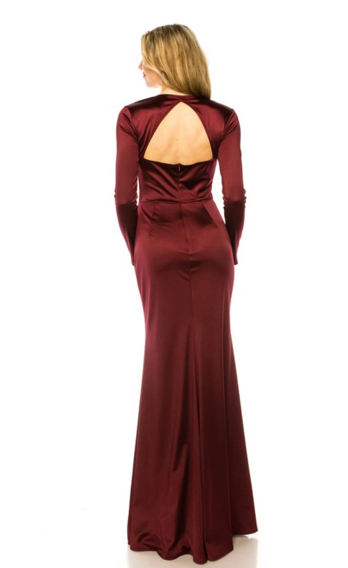 Long Sleeve Shiny Satin Open Back Maxi Dress