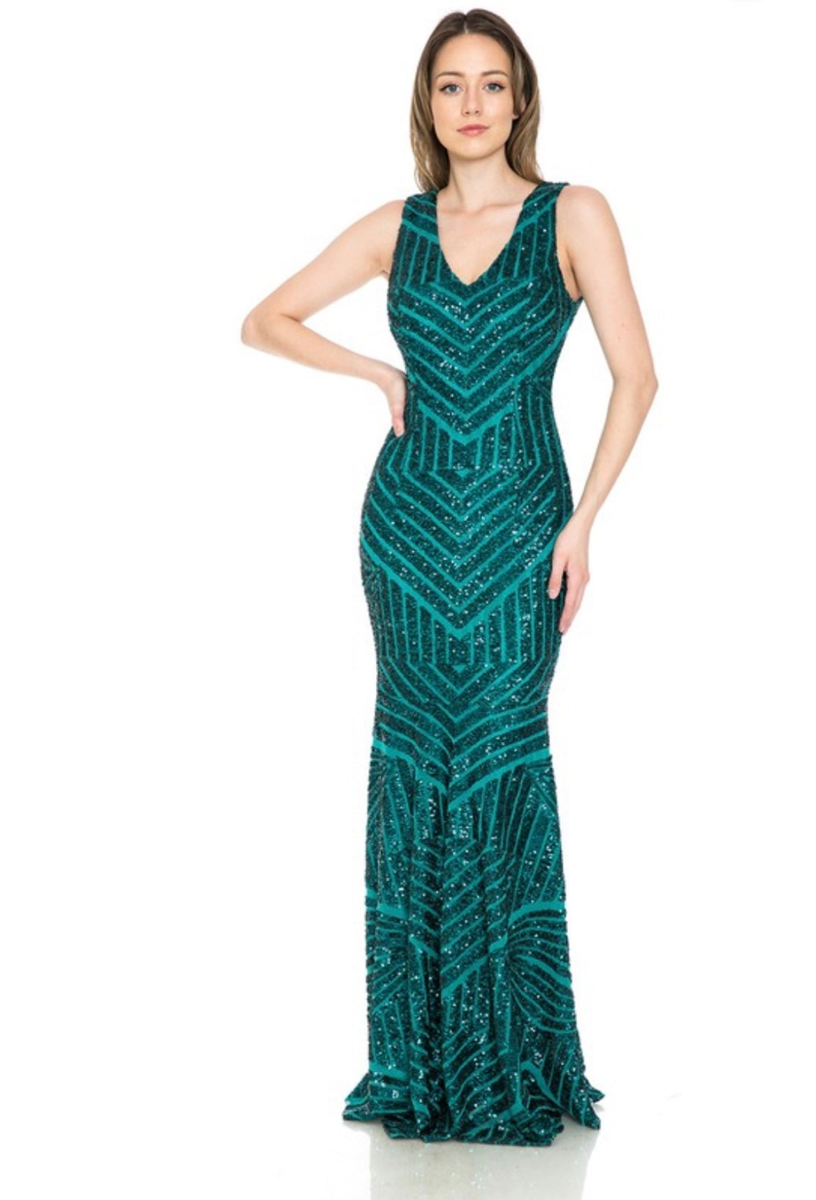 V-Neck Geometric Sequined Mermaid Long Party Dress