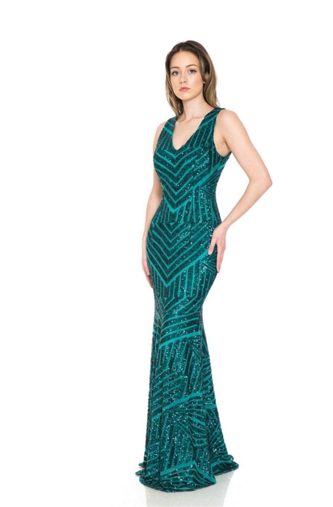 V-Neck Geometric Sequined Mermaid Long Party Dress