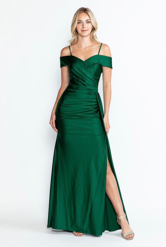 Off Shoulder Ruched Side Drape Long Formal Dress